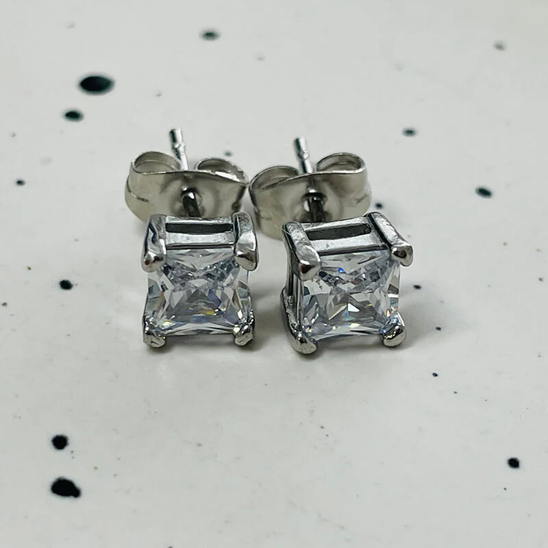 Round Square Stainless Steel Gemstone Stud Earrings