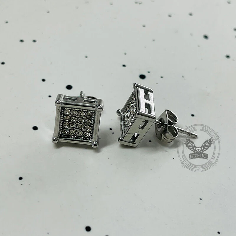 Round Square Stainless Steel Gemstone Stud Earrings