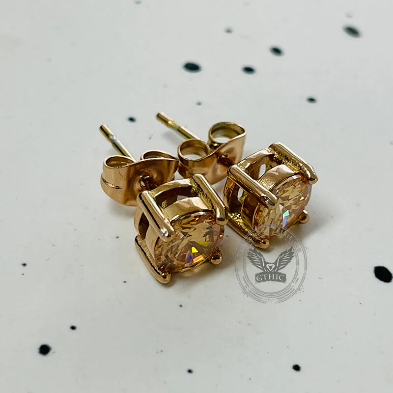 Round Square Stainless Steel Gemstone Stud Earrings