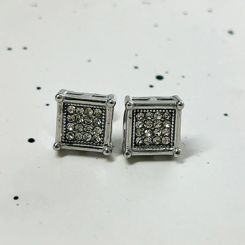 Round Square Stainless Steel Gemstone Stud Earrings