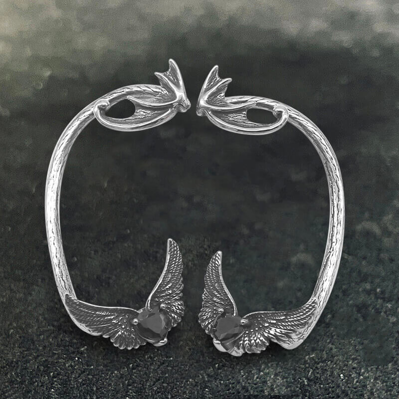 Heart Shape Zircon Devil Wings Stainless Steel Ear Cuff Earrings