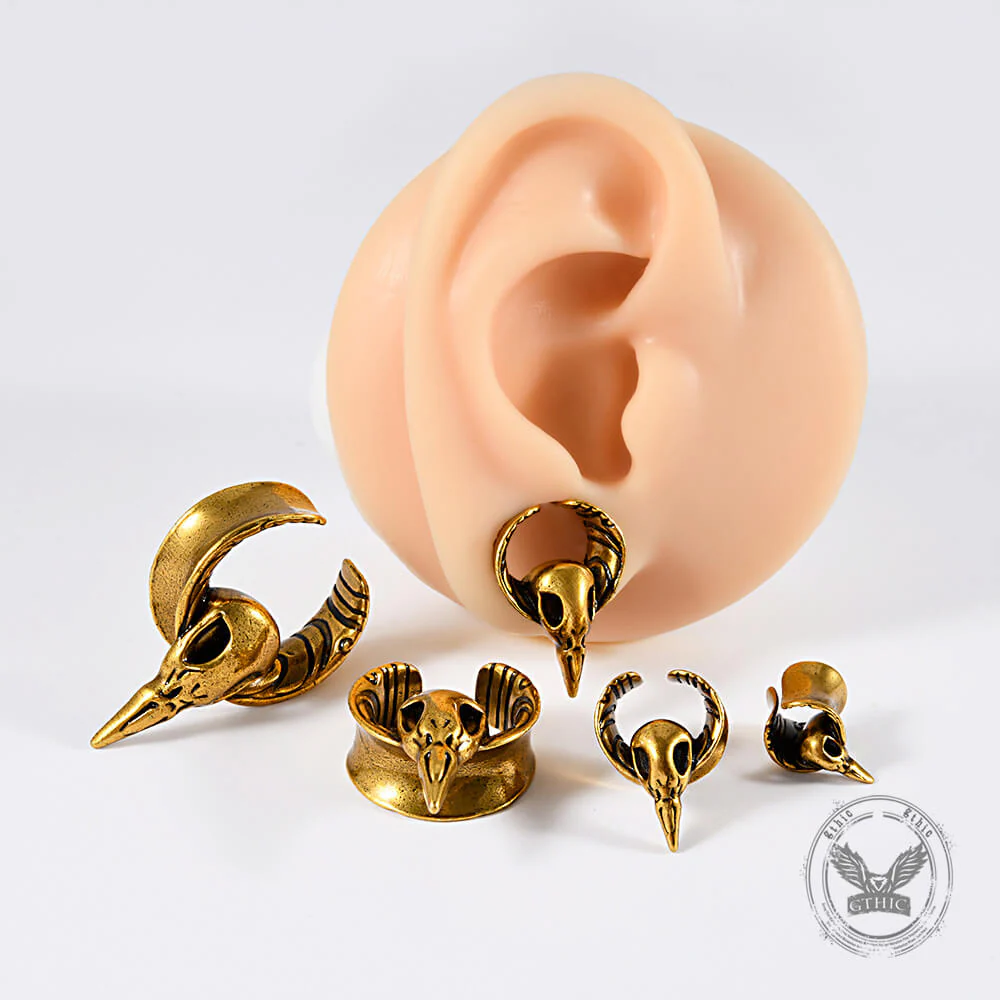 Horned Skull Brass Tunnel Ear Gauges