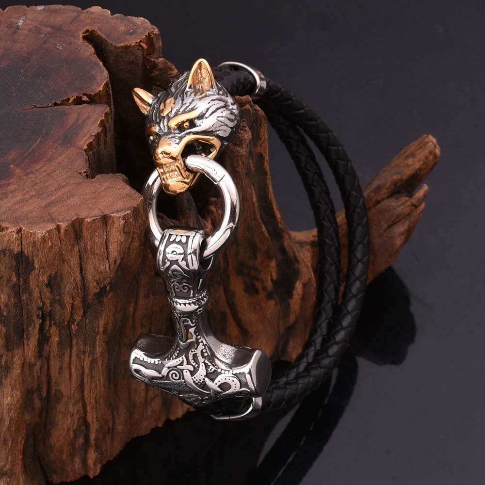11298-viking-wolf-head-stainless-steel-leather-bracelet-2.jpg Viking Wolf Head Stainless Steel Leather Bracelet