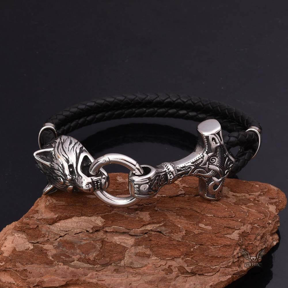 11298-viking-wolf-head-stainless-steel-leather-bracelet-3.jpg Viking Wolf Head Stainless Steel Leather Bracelet