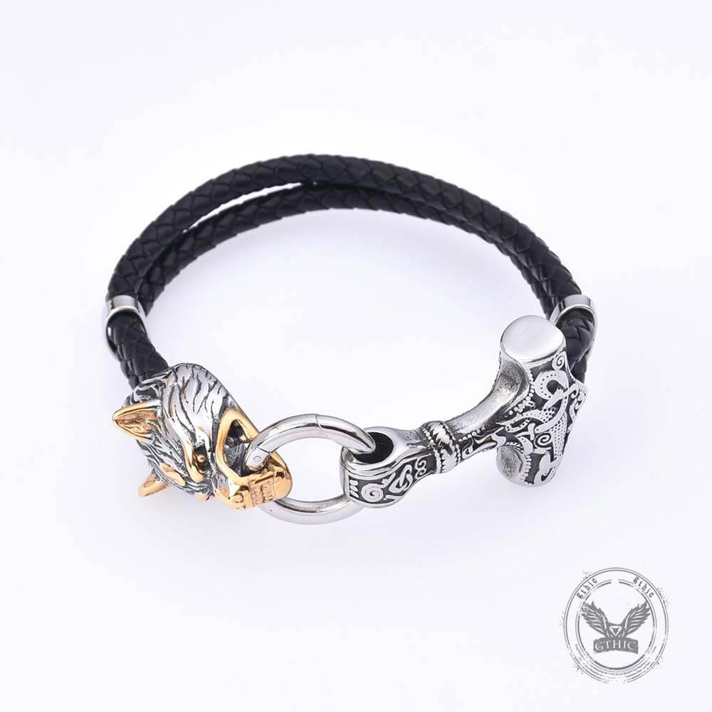 11298-viking-wolf-head-stainless-steel-leather-bracelet-4.jpg Viking Wolf Head Stainless Steel Leather Bracelet