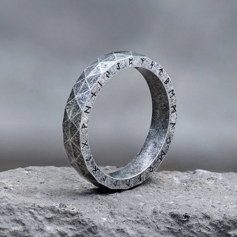 Geometric Faceted Runes Stainless Steel Viking Ring