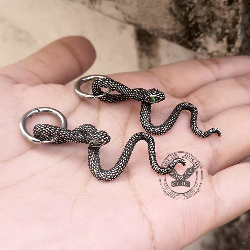 Green Eye Snake Stainless Steel Drop Earrings