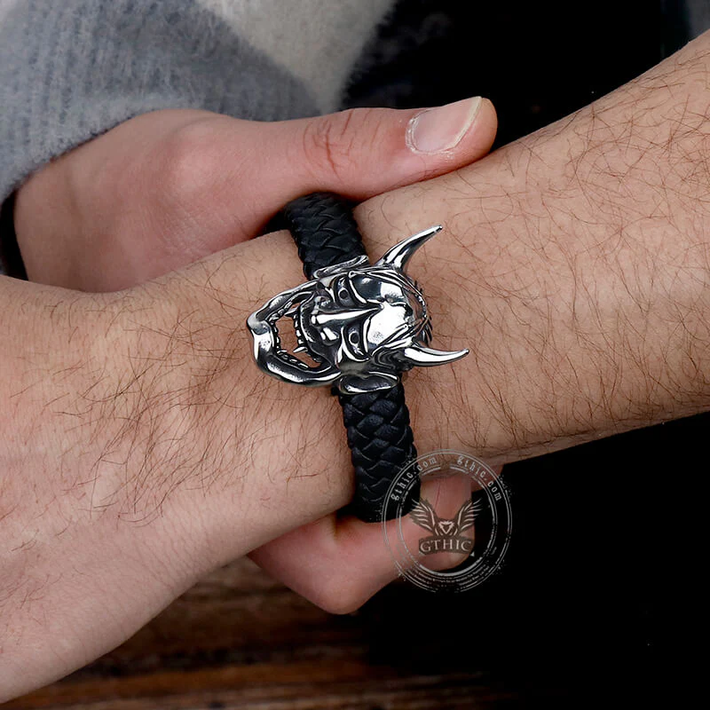 12222-hannya-oni-stainless-steel-leather-bracelet-2.webp Hannya Oni Stainless Steel Leather Bracelet