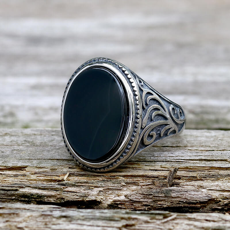 12395-black-oval-agate-carved-stainless-steel-ring-1.jpg Black Oval Agate Carved Stainless Steel Ring
