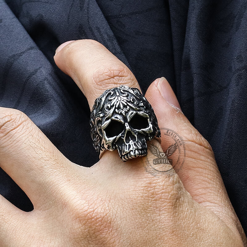 12499-floral-pattern-skull-head-stainless-steel-ring-2.jpg Floral Pattern Skull Head Stainless Steel Ring