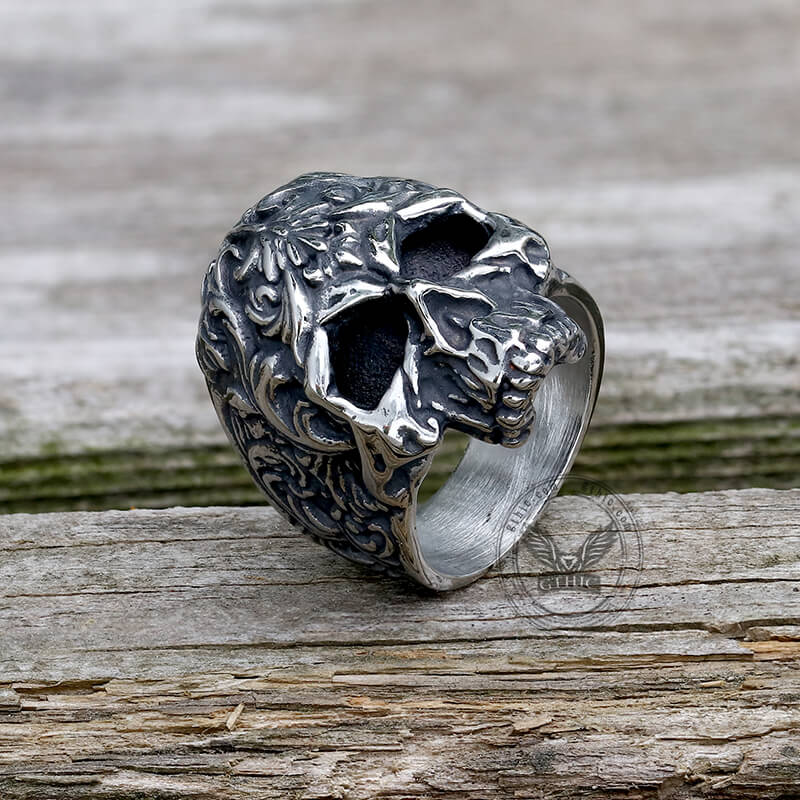12499-floral-pattern-skull-head-stainless-steel-ring-4.jpg Floral Pattern Skull Head Stainless Steel Ring