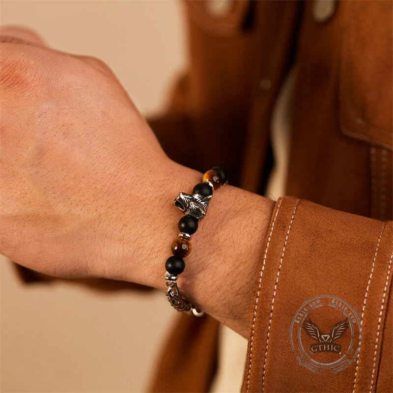 Vintage Wolf Head Tiger’s Eye Stainless Steel Bracelet