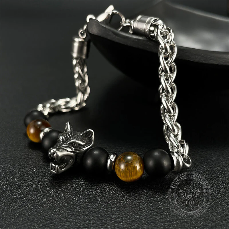 Vintage Wolf Head Tiger’s Eye Stainless Steel Bracelet