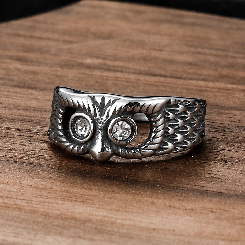 Vintage Gem-set Owl Stainless Steel Ring
