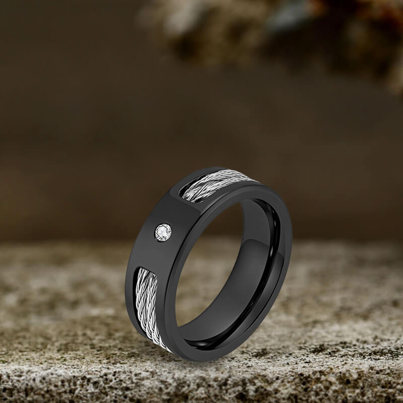 Simple Wire Rope Design Zircon Stainless Steel Ring