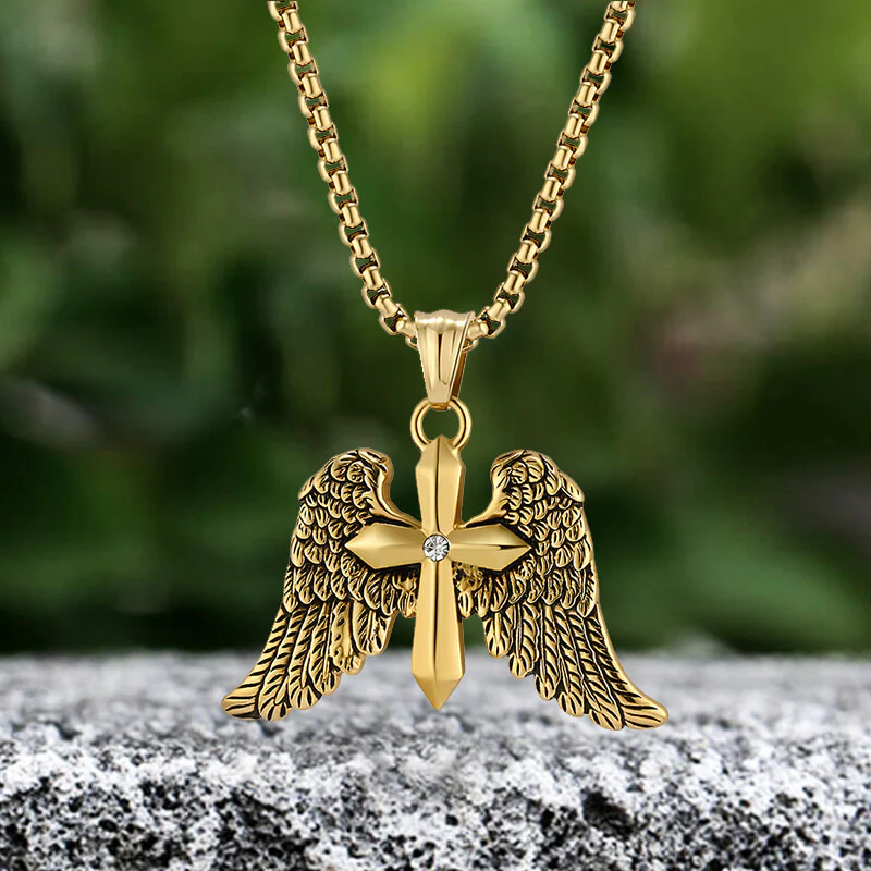 Vintage Cross Angel Wings Stainless Steel Pendant