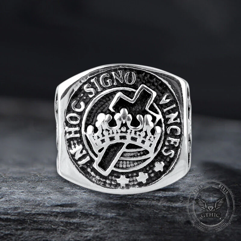 Vintage Crown Cross Stainless Steel Masonic Ring