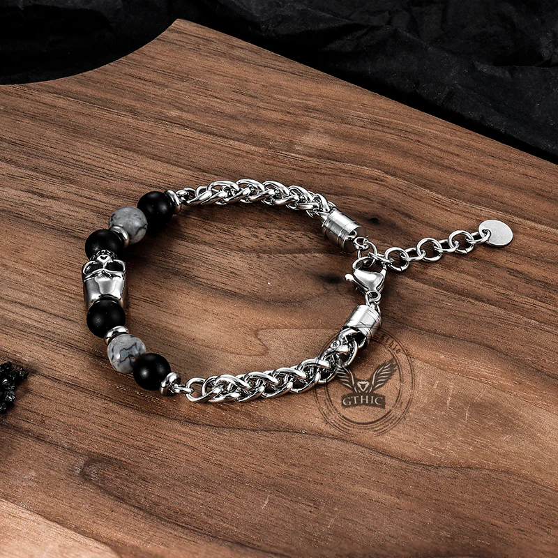 Skull Head Carnelian Map Stone Stainless Steel Bracelet