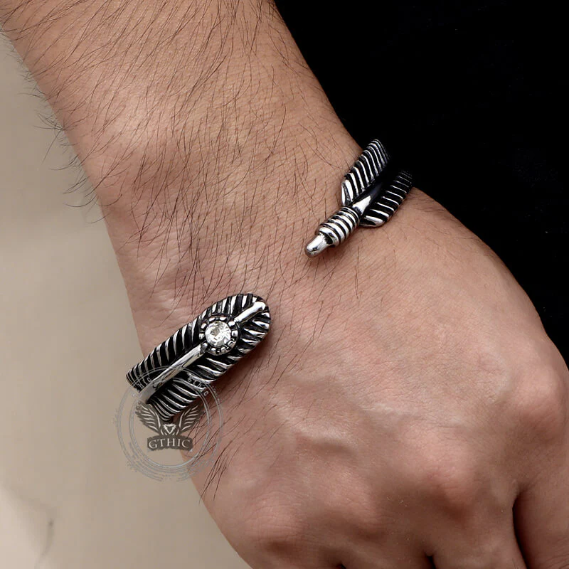Angel Feather Gem Stainless Steel Open Bracelet