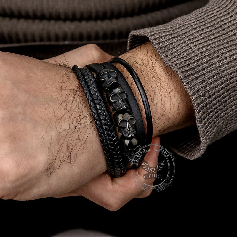 13949-punk-four-skulls-multi-layer-braided-leather-bracelet-2.webp Punk Four Skulls Multi-Layer Braided Leather Bracelet