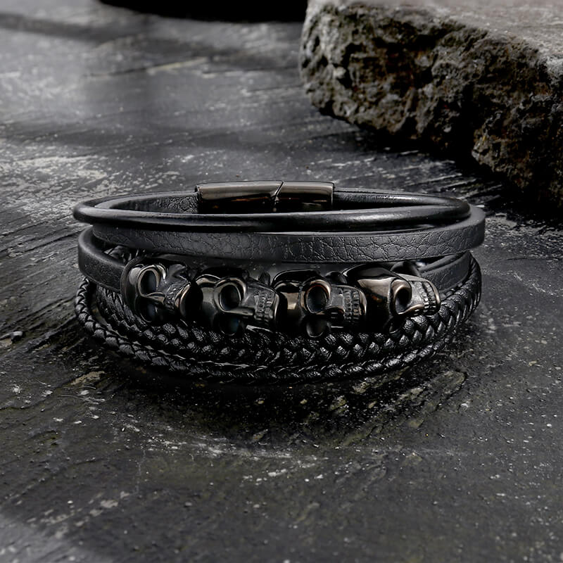 13949-punk-four-skulls-multi-layer-braided-leather-bracelet-4.jpg Punk Four Skulls Multi-Layer Braided Leather Bracelet