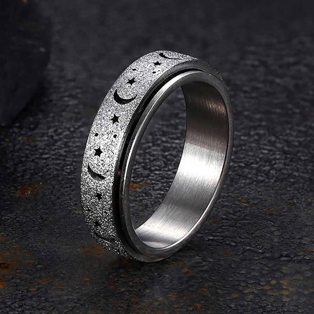 Frosted Hollow Star Moon Stainless Steel Spinner Ring