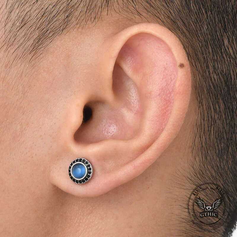 Punk Rock Round Gemstone Stainless Steel Stud Earrings