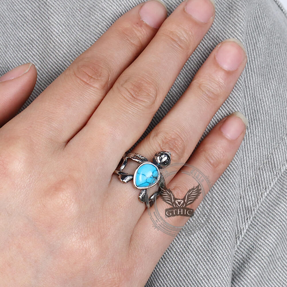 Vintage Indian Turtle Turquoise Stainless Steel Ring
