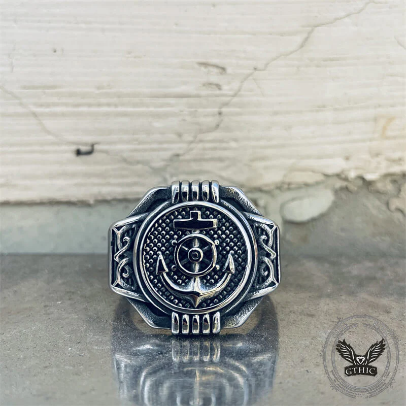 Vintage Compass Anchor Stainless Steel Marine Ring