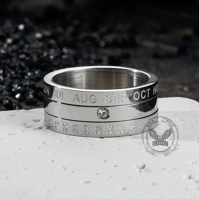 Calendar Diamond Stainless Steel Spinner Ring
