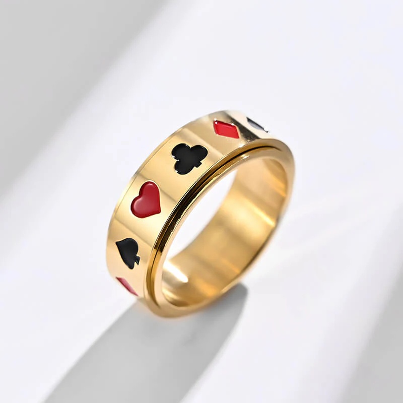 Simple Playing Card Pattern Stainless Steel Spinner Ring