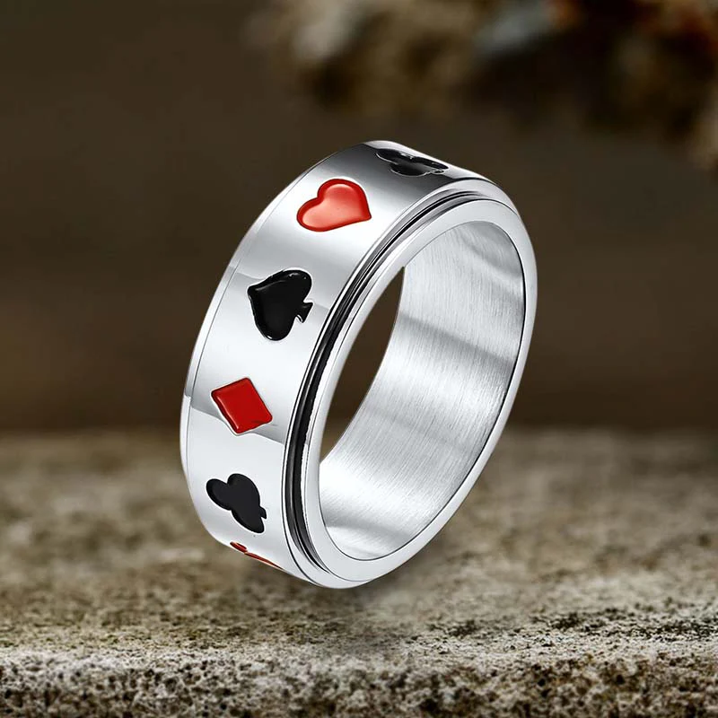 Simple Playing Card Pattern Stainless Steel Spinner Ring