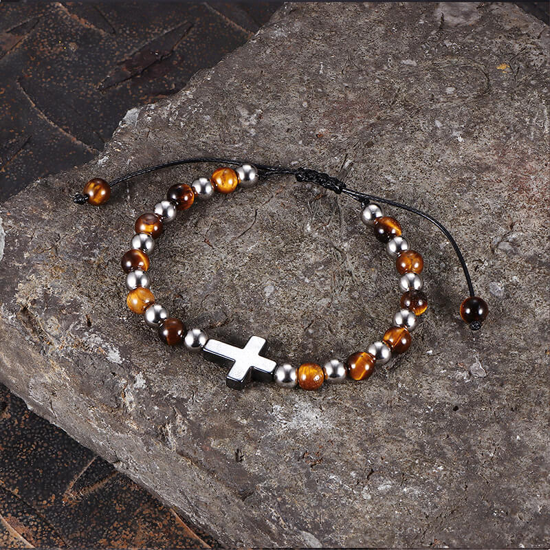 Cross Natural Tiger's-eye Beads Hematite Stainless Steel Bracelet