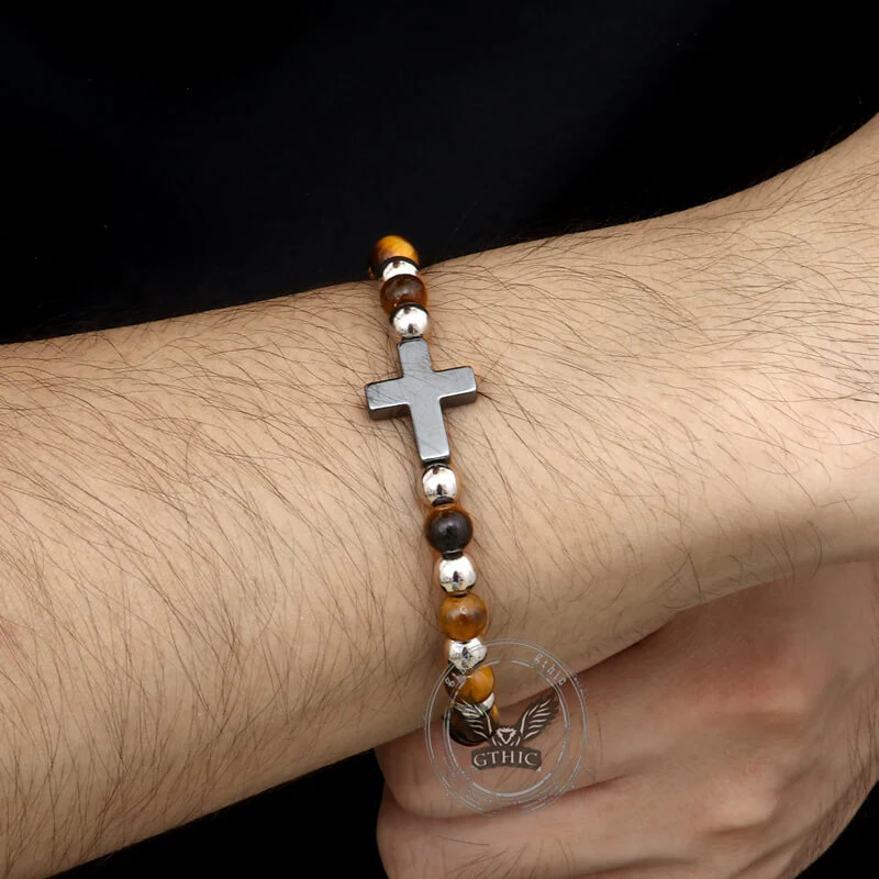 Cross Natural Tiger's-eye Beads Hematite Stainless Steel Bracelet