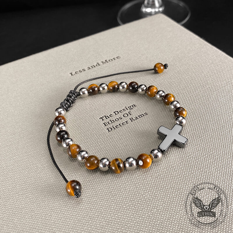 Cross Natural Tiger's-eye Beads Hematite Stainless Steel Bracelet