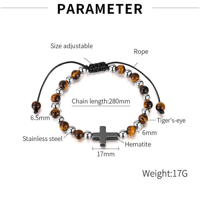 Cross Natural Tiger's-eye Beads Hematite Stainless Steel Bracelet