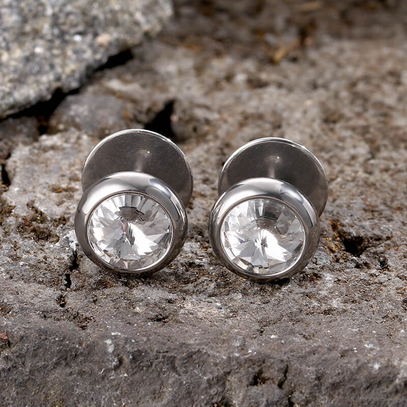 Simple Round Stainless Steel Zircon Stud Earrings