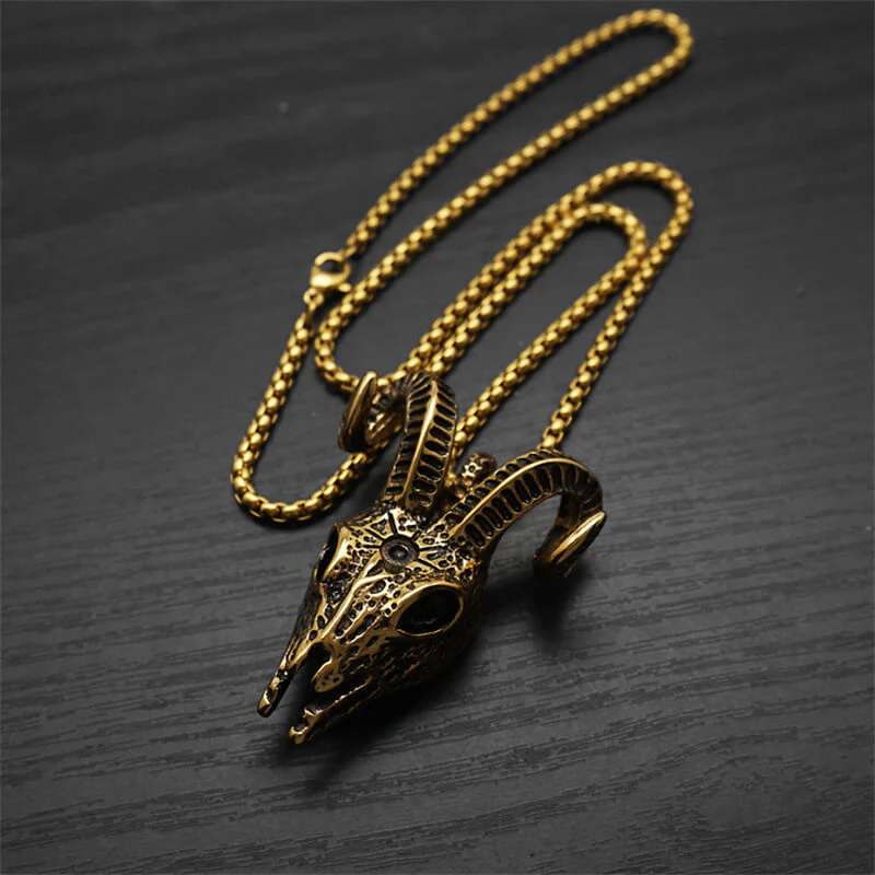 15193-gold-with-chain-gold-with-chain-variation-1.webp Punk Horned Goat Stainless Steel Skull Pendant