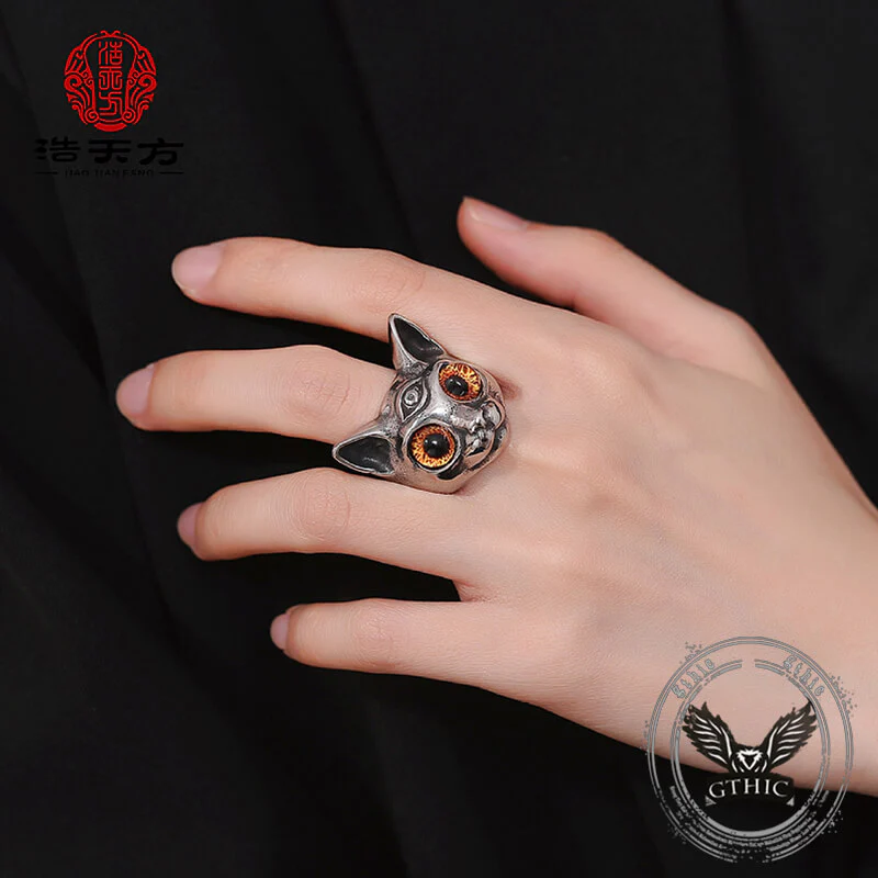 Personalized Gem Three-Eyed Cat Stainless Steel Ring