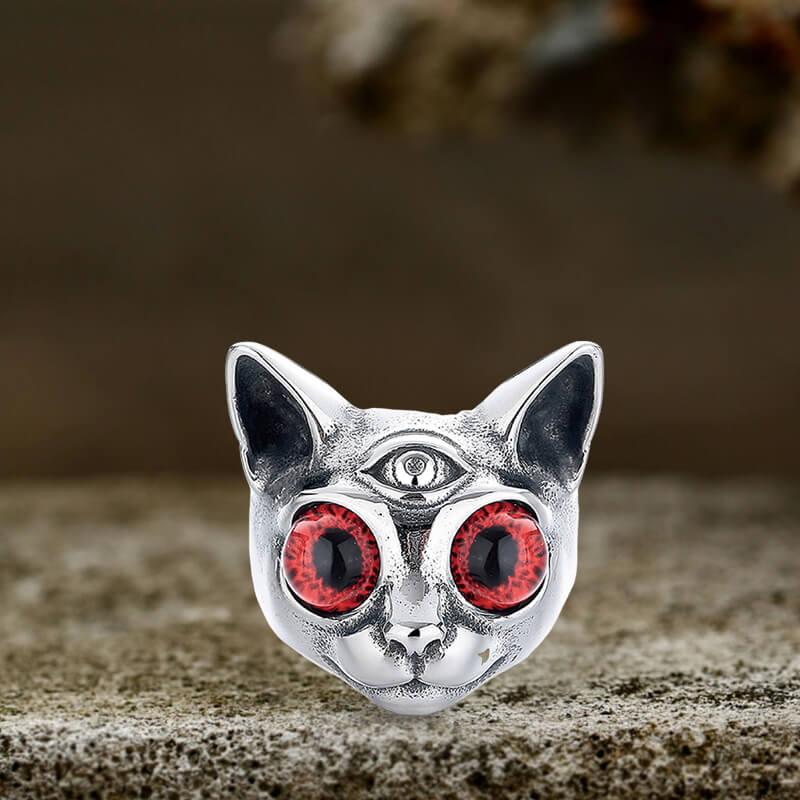 Personalized Gem Three-Eyed Cat Stainless Steel Ring
