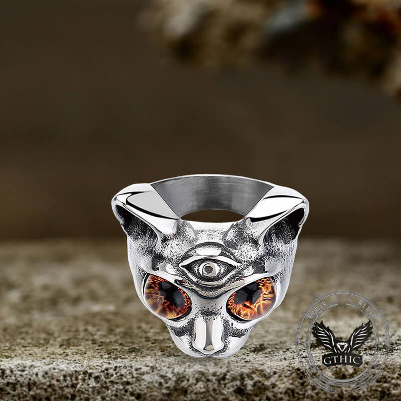 Personalized Gem Three-Eyed Cat Stainless Steel Ring