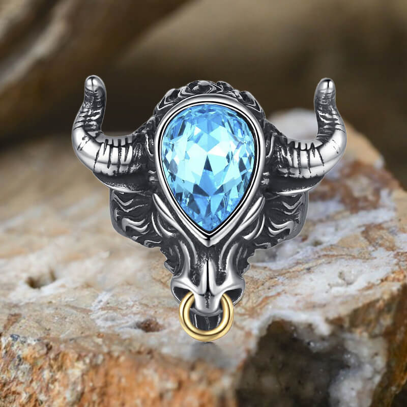 Fashionable Multicolor Gem Bull Head Stainless Steel Ring