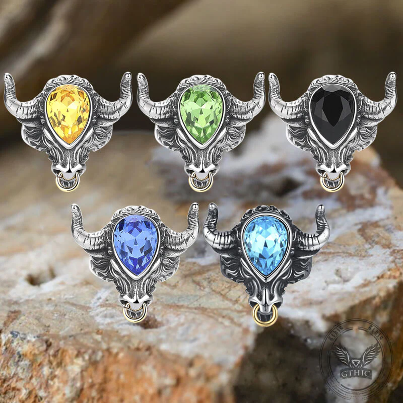 Fashionable Multicolor Gem Bull Head Stainless Steel Ring