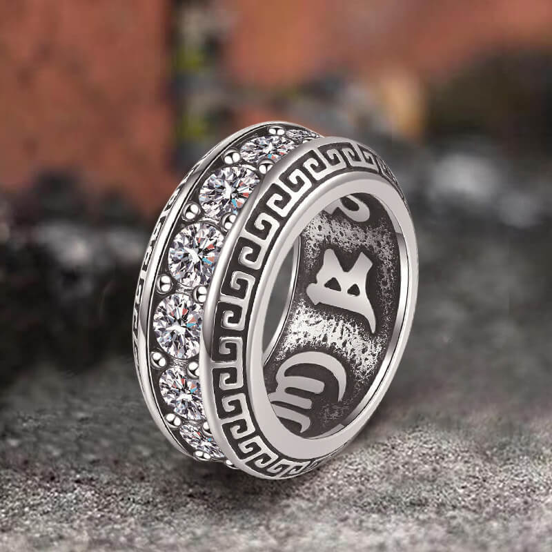 Vintage Six-Word Mantra Zircon Stainless Steel Ring