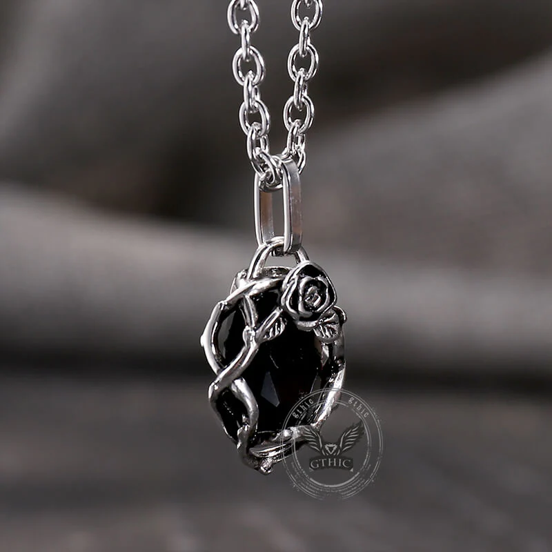 Vintage Thorn Rose Gemstone Stainless Steel Pendant