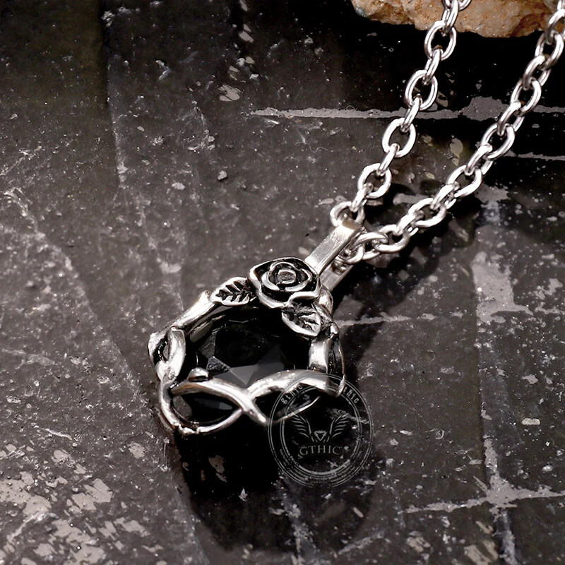 Vintage Thorn Rose Gemstone Stainless Steel Pendant