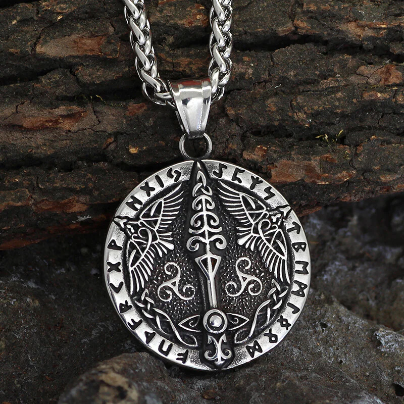 Vintage Viking Rune Odin Raven Stainless Steel Pendant