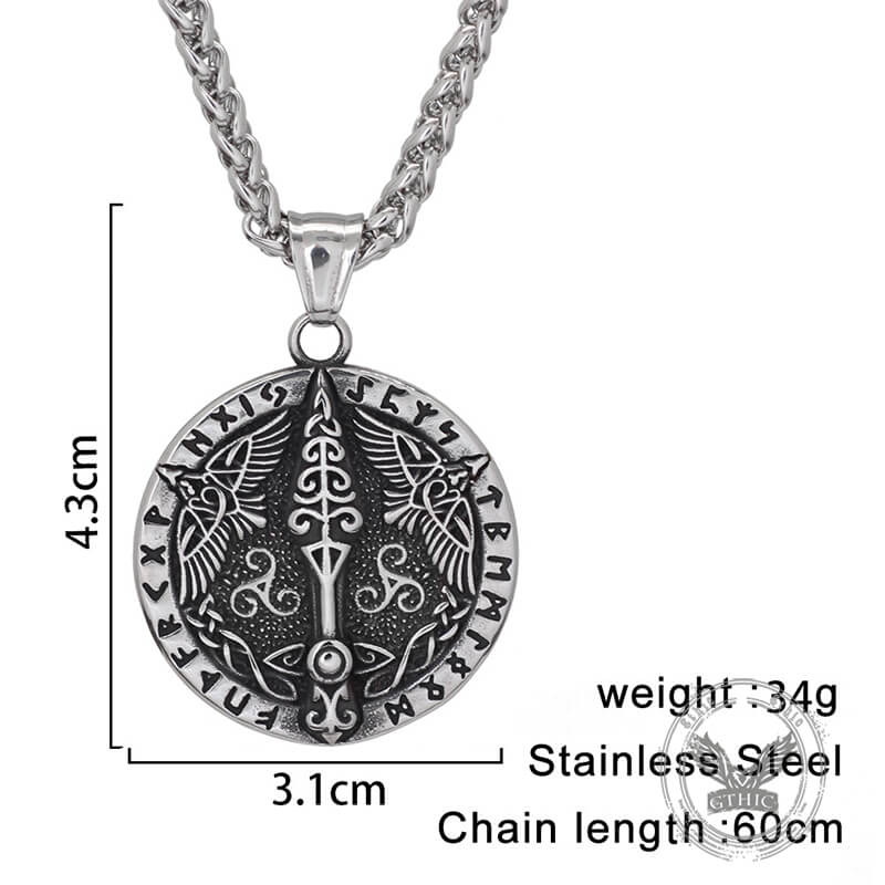 Vintage Viking Rune Odin Raven Stainless Steel Pendant