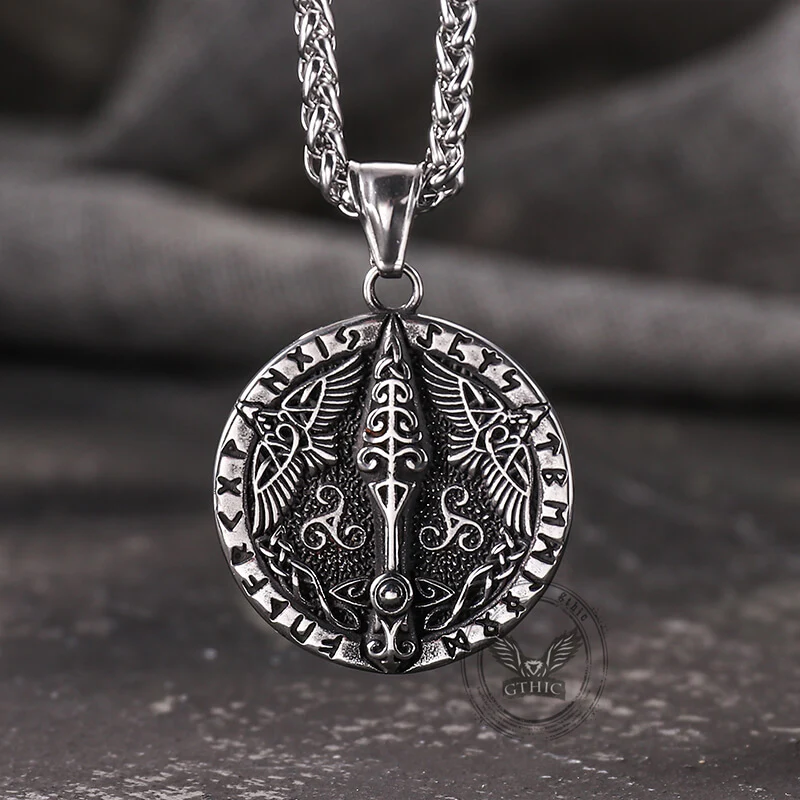 Vintage Viking Rune Odin Raven Stainless Steel Pendant