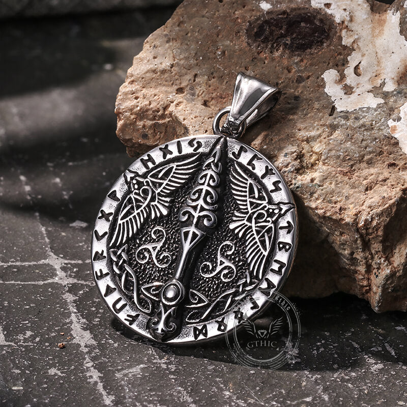 Vintage Viking Rune Odin Raven Stainless Steel Pendant